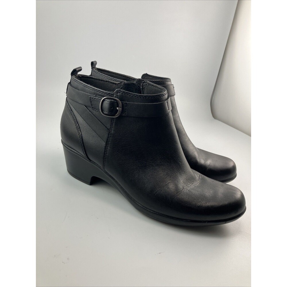 Clarks Black Leather 26102674 Mid Bootie Buckle Zip Side Boot Women's 10M